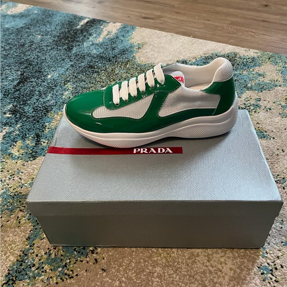 Prada Men's Vibrant Green and White Sneakers